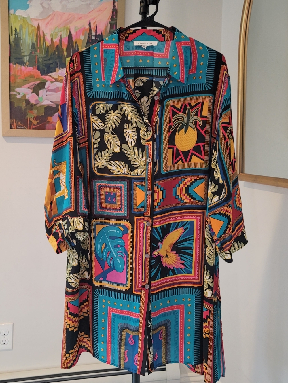 EUC ROSE + OLIVE Geometric Patchwork Shirt Dress Teal Mustard Red Size 1X